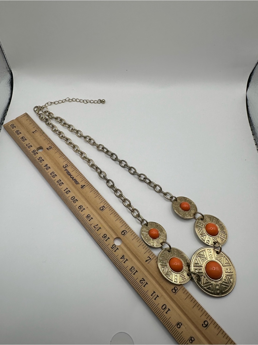 Vintage Gold Tone Orange Cabochon Geometric Etched Medallion Collar Necklace - Picture 6 of 6